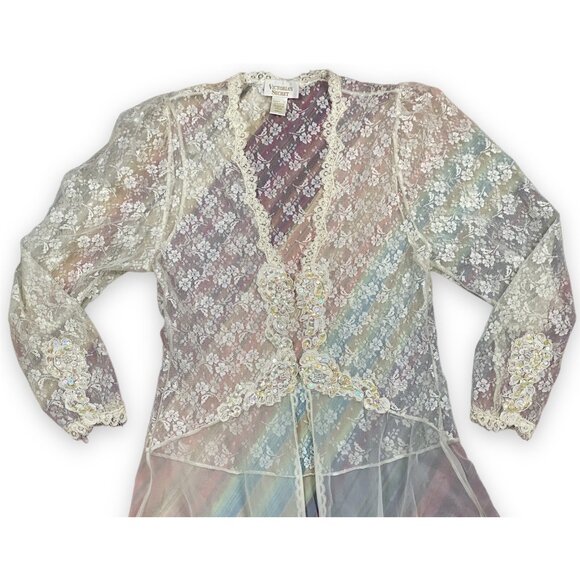 Vtg Gold Label Victoria's Secret Long Ivory Sheer Lace Robe Peignoir Sequins S